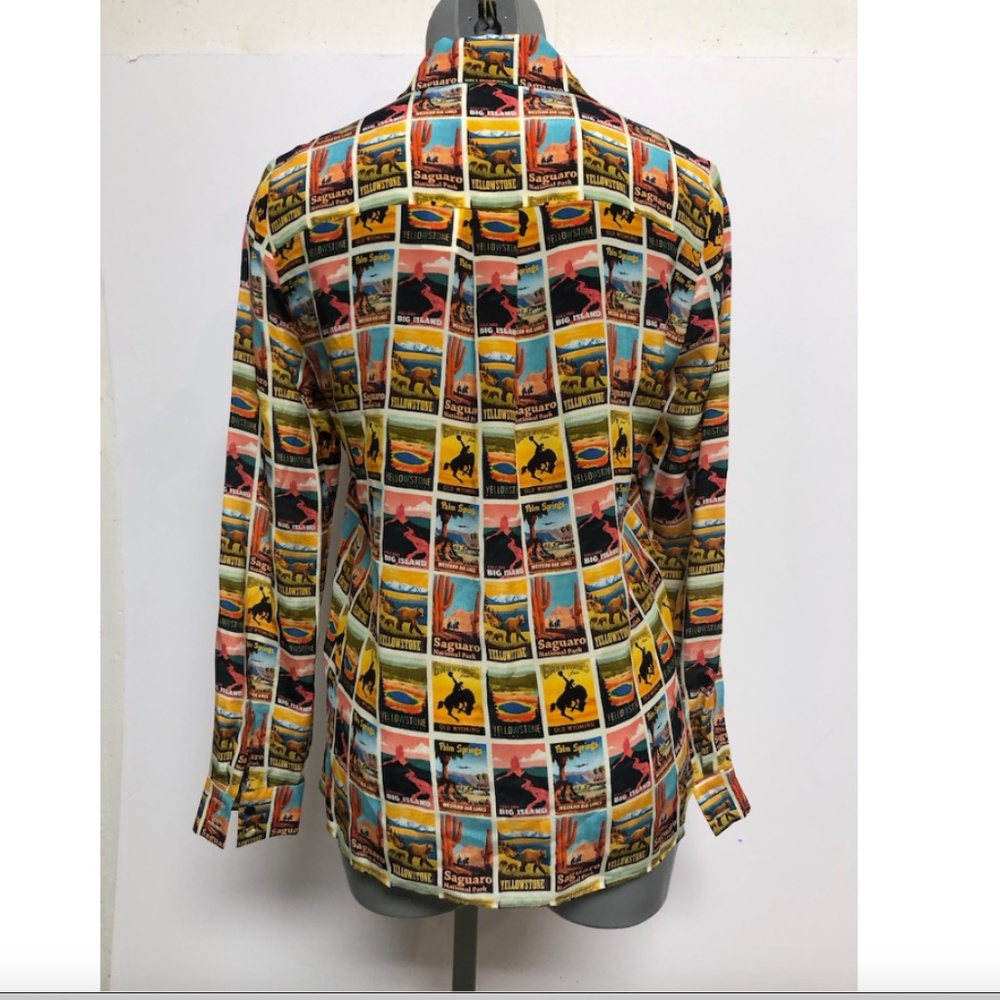 Alice + Olivia Western Postcard with Tag Print Silk Shirt Button-down Top - Picture 6 of 15